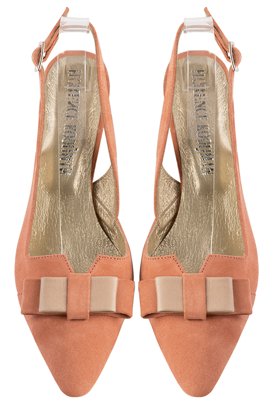 Peach orange and powder pink women's open back shoes, with a knot. Tapered toe. High slim heel. Top view - Florence KOOIJMAN